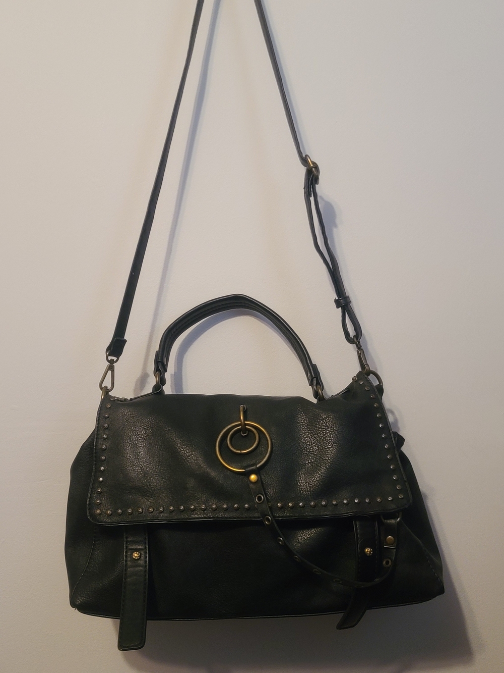 Black Stud-Trim Crossbody Satchel with Gold Ring Accent